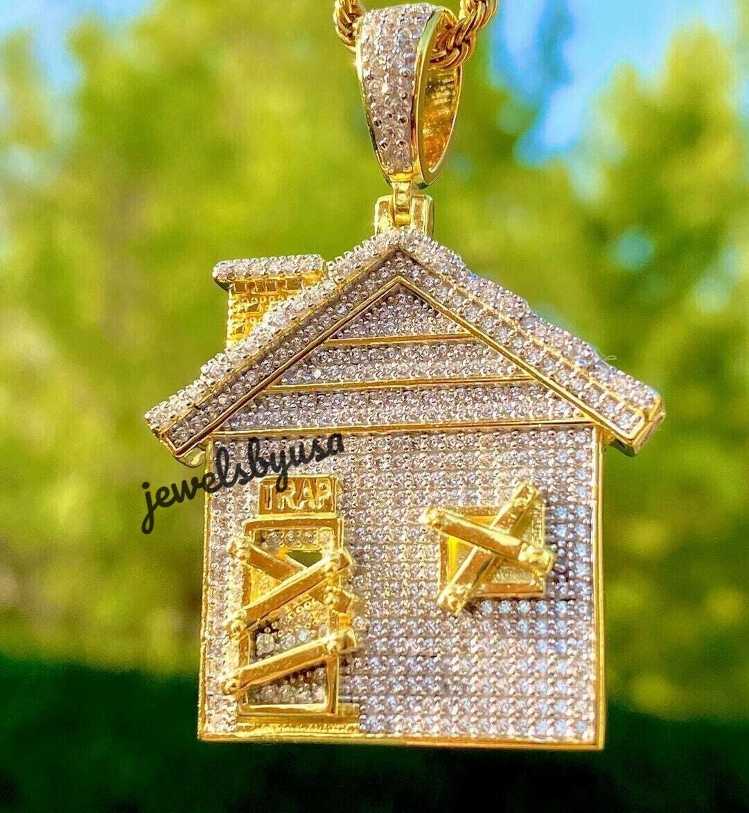 Pre-owned Nsg 4ct Tester Passing Moissanite "trap House" Men's Rapper Pendant 925 Silver In White