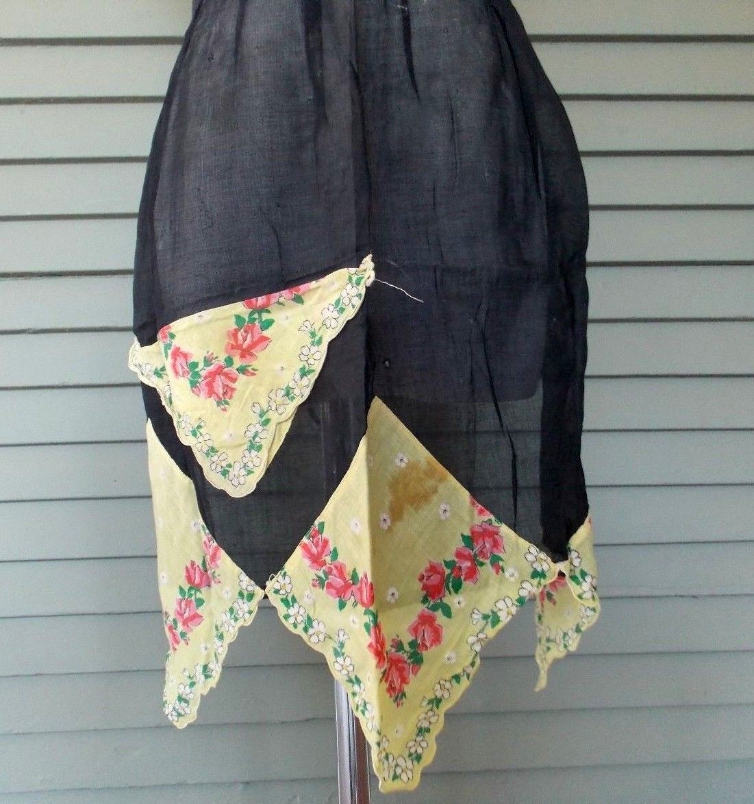 Vintage Handmade Half Apron Black Sheer Yellow Handkerchief Pink Flowers Trim