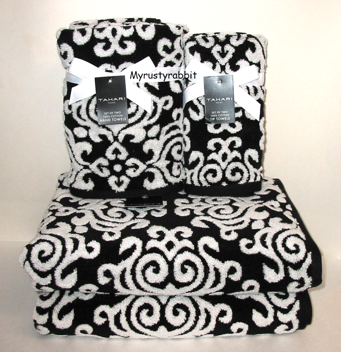 TAHARI Black & White Plush Bathroom Towel Set - Set of 6 - 100% Cotton - Scroll
