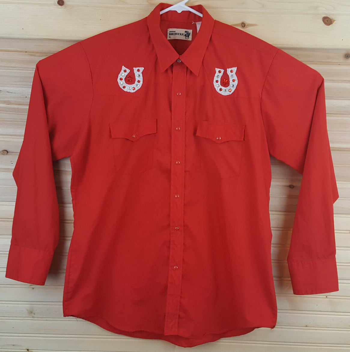 Genuine Roebucks Vintage 70s Men's XL Red Cowboy Western Rhinestones Snap Shirt