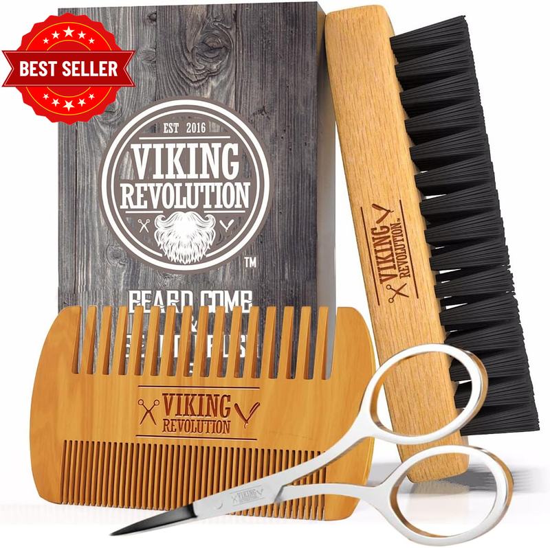 Beard Brush and Comb Set for Men - All Natural Boar Bristle and Bamboo Brush and