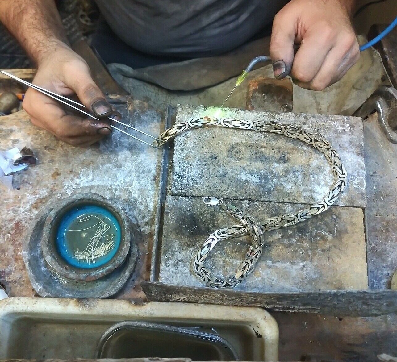 Pre-owned Handmade Mens Bali Byzantine Box Chain Necklace Oxide 377gr 28inch  In Silver