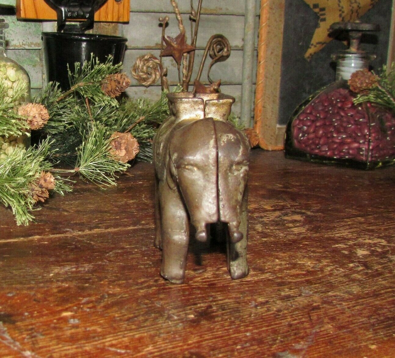 Vtg Original A C Williams Cast Iron Small Elephant w/ Howdah Still Penny Bank NR