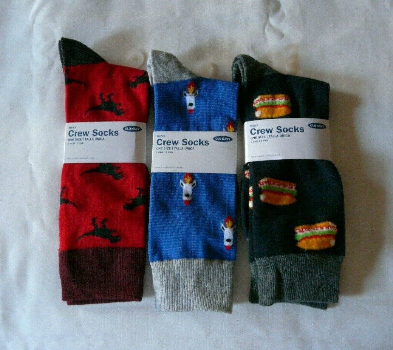 

*3* НОВИНКА МУЖСКИЕ НОСКИ OLD NAVY CREW SOCK DINOSAUR T-REX / РАКЕТЫ / ГАМБУРГЕРЫ, Red;blue;black multi-colors