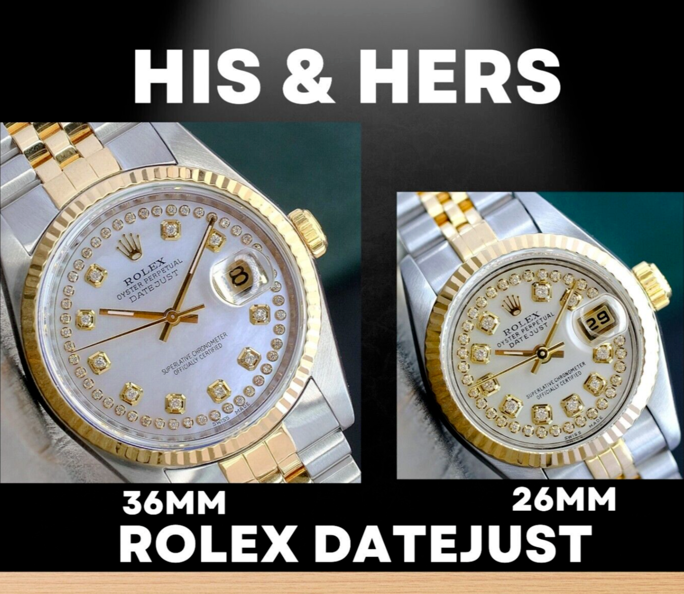ROLEX HIS AND HERS DATEJUST GOLD STEEL WATCH 36MM MENS 26MM LADIES 16233 69173