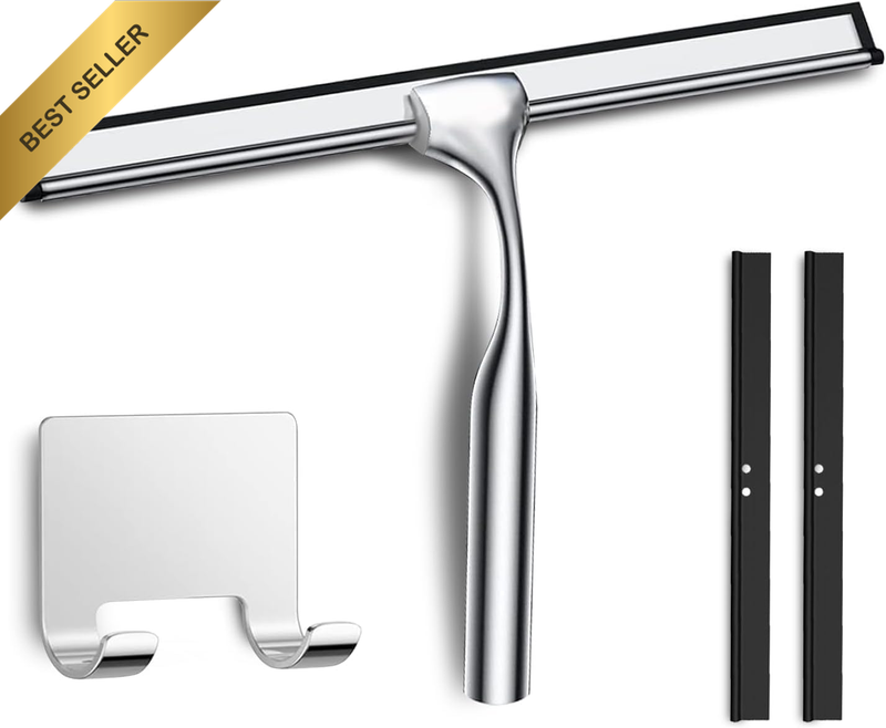 Silver 10" Shower Squeegee for Glass, Mirror, Tile & Car Window Cleaning | Stain