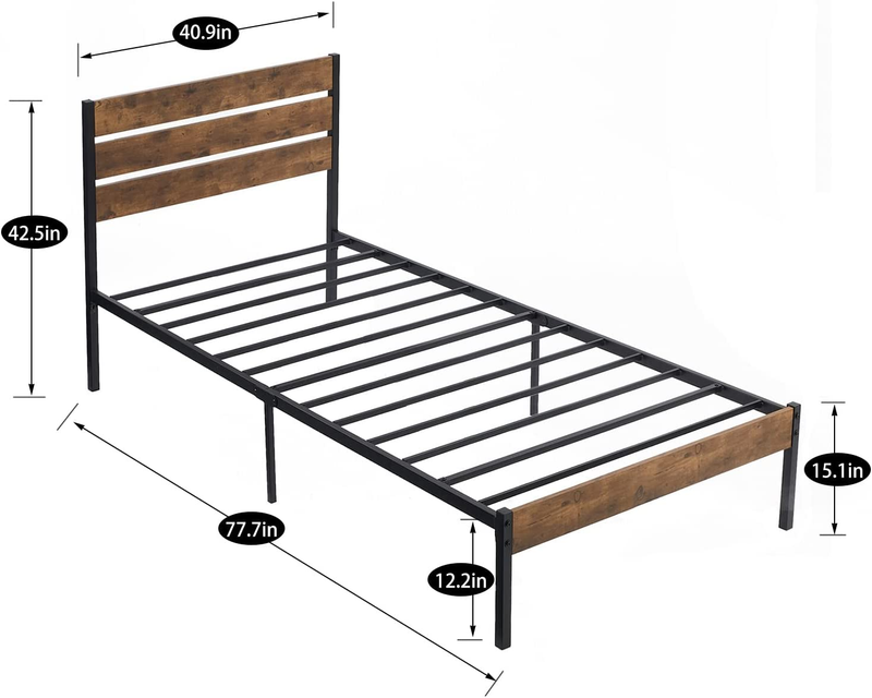Platform Twin Bed Frame with Rustic Vintage Wood Headboard, Mattress Foundation,