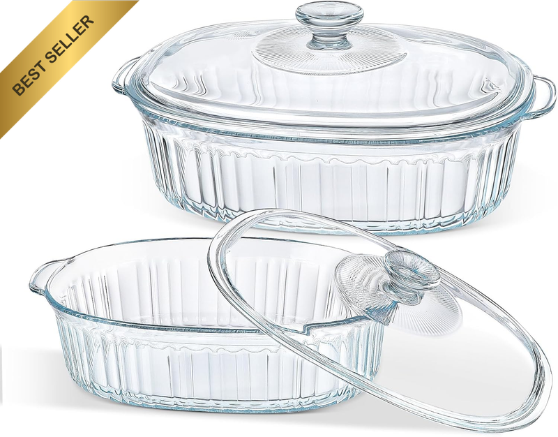 2-Pack Glass Casserole Baking Dishes with Lids, 1.8L & 2.8L Oval Oven Safe Bakew