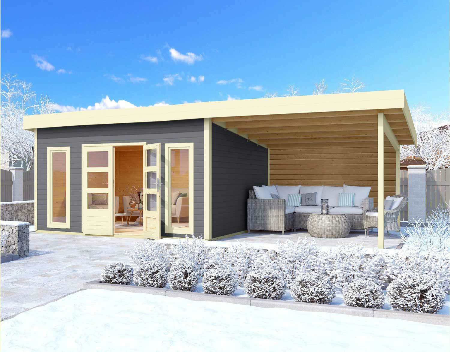 Karibu Gartenhaus Northeim 5 SET terragrau mit Anbaudach 3,3 m Rückwand