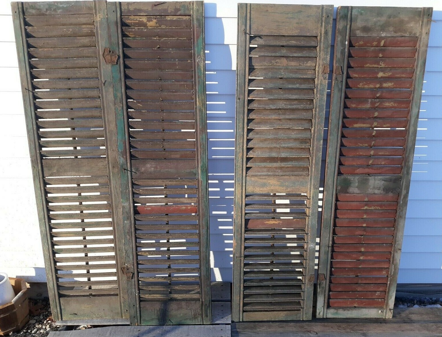 AAFA 2 PaiR c1880? FIXED louvered VICTORIAN wooden house SHUTTERS green