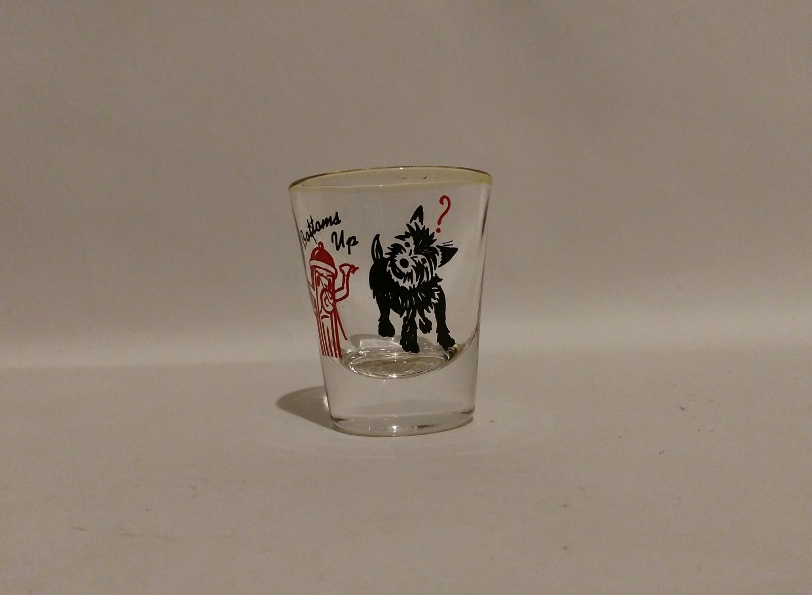 Red Fire Hydrant Black Hairy Dog “BOTTOM UPS” SHOT GLASS Drink