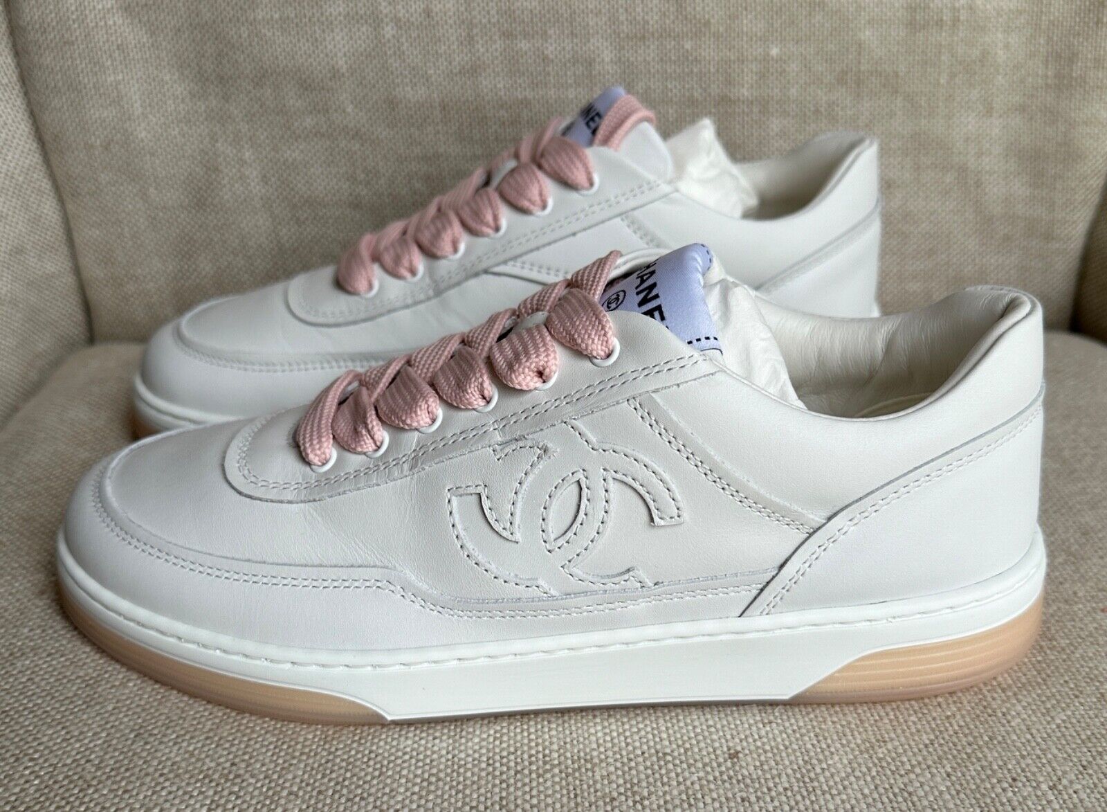 BNIB Authentic CHANEL White Calfskin with Pink Shoe Laces BNIB Authentic CHANEL White Calfskin with Pink Shoe Laces