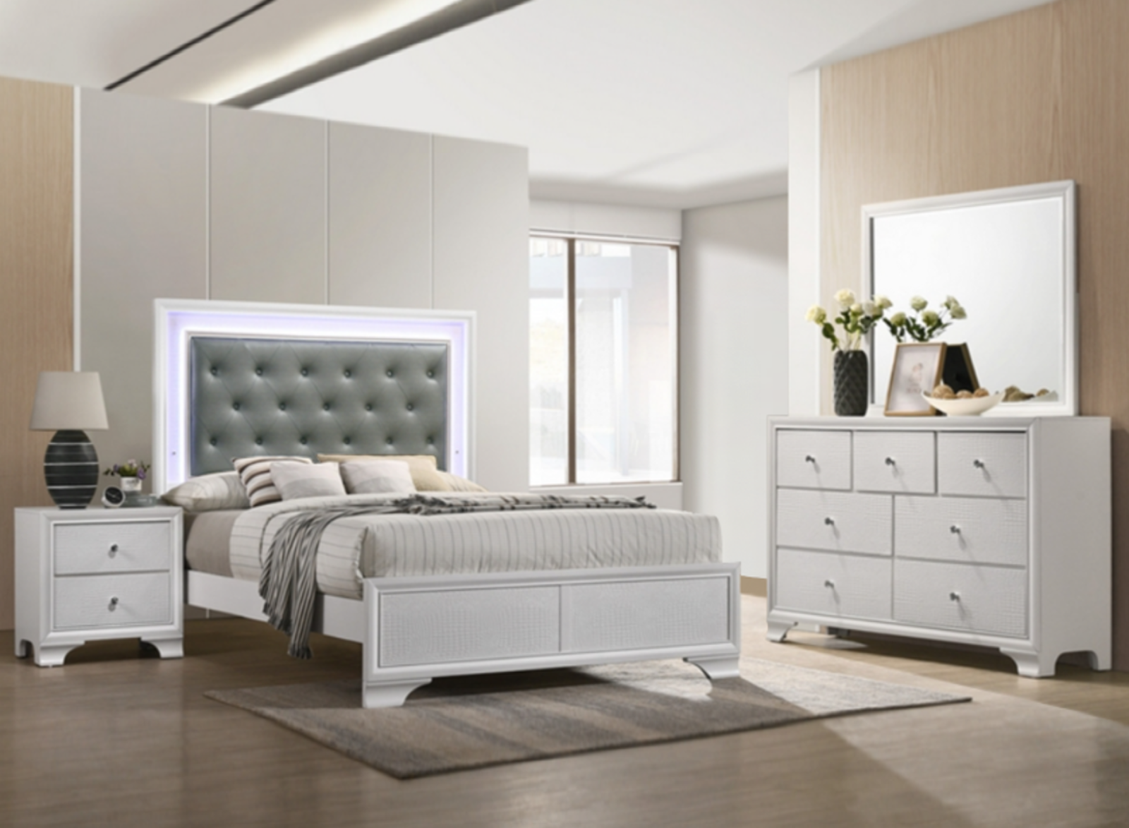 NEW White LED 4PC Queen King Twin Full Modern Bedroom Furniture Set Bed/D/M/N 