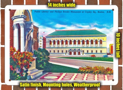 METAL SIGN - Massachusetts Postcard - Public Library and Phillips Brooks Monume