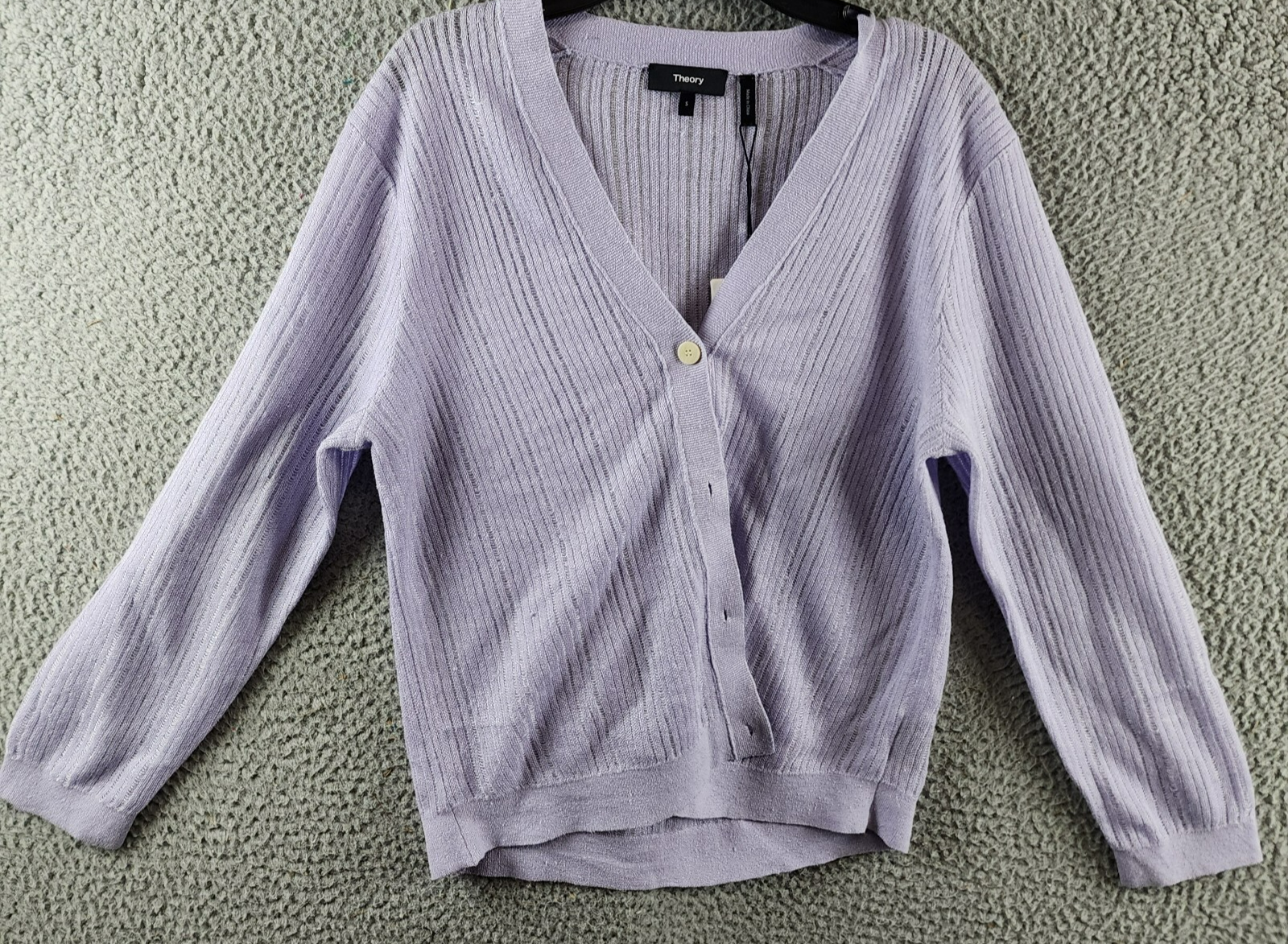 Theory Cropped Cardigan Women's S Soft Iris V-Neck Linen Blend Button Front L/S - Picture 2 of 14