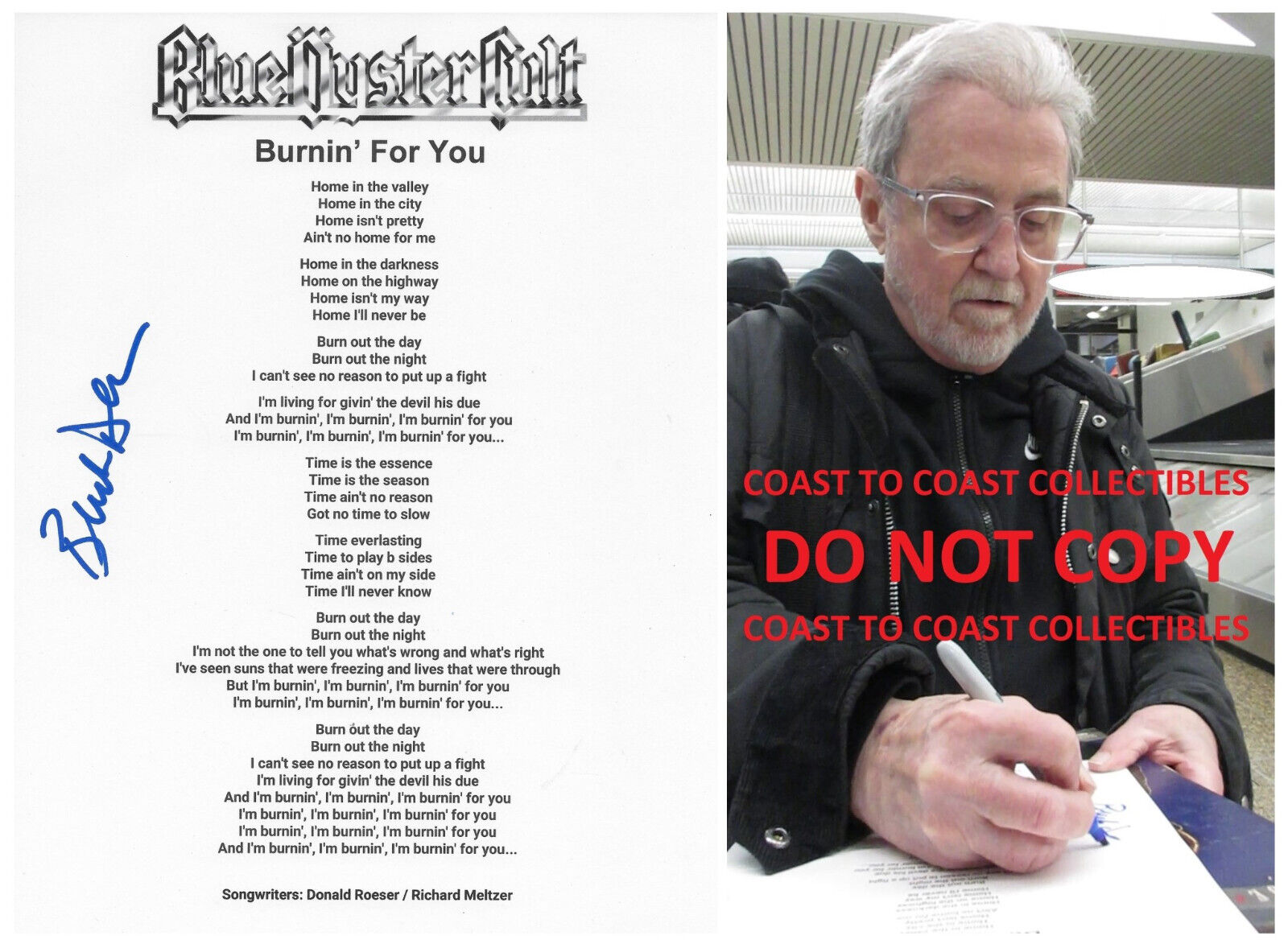 Buck Dharma signed Blue Oyster Cult Burnin For You Lyrics sheet COA Proof STAR Buck Dharma signed Blue Oyster Cult Burnin For You Lyrics sheet COA Proof STAR