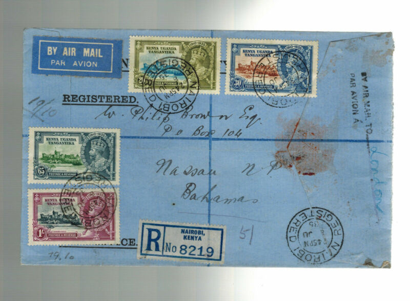 1935 Nairobi Kenya KUT Jubilee Set Registered Airmail Cover to BAhamas