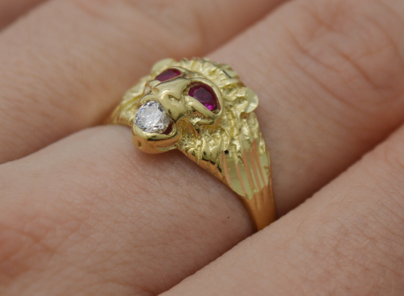 Pre-owned Head Real Solid 10k Yellow Gold Mens Red Eye Lion  Ring 2.9 Grams All Sizes
