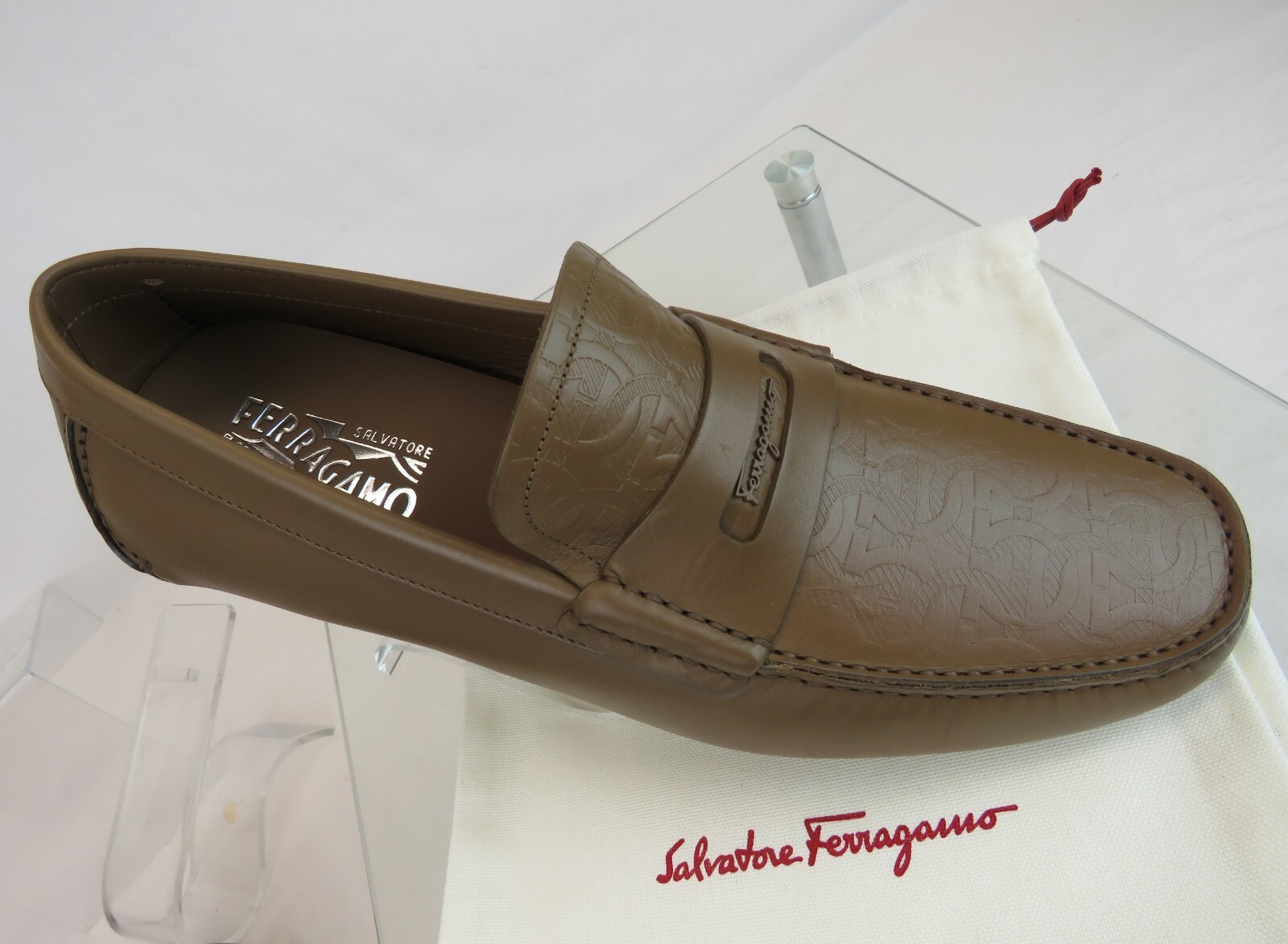 Pre-owned Ferragamo Newton Brown Leather Gancini Embossed Penny Driving Loafers 8.5 D