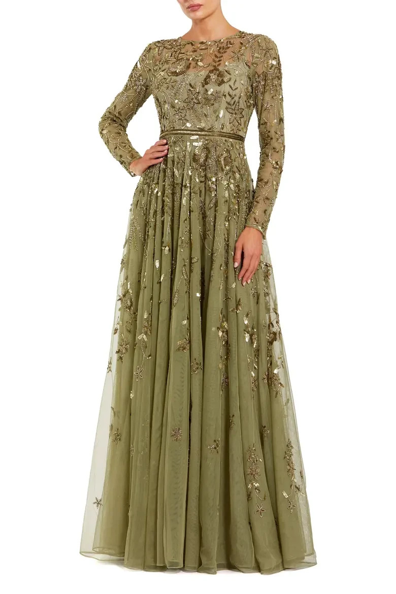 Mac Duggal Green Long Sleeve Mesh Floral Embellished Gown Size 16 $798