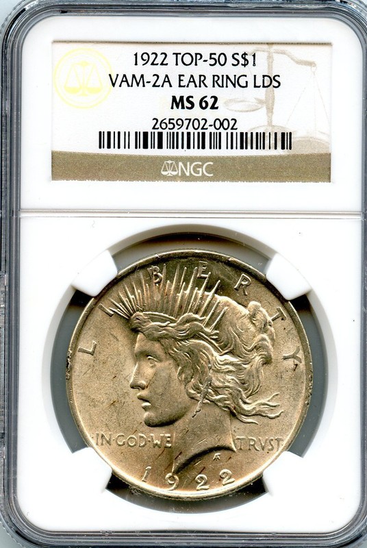 C8895- 1922 VAM-2A EAR RING LDS TOP 50 PEACE DOLLAR
