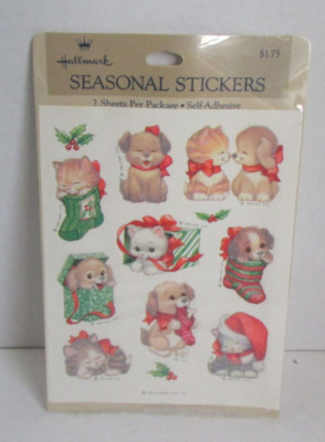 VINTAGE 1983 Hallmark Seasonal Stickers Christmas Puppy Kitty FUZZY NIP NOS