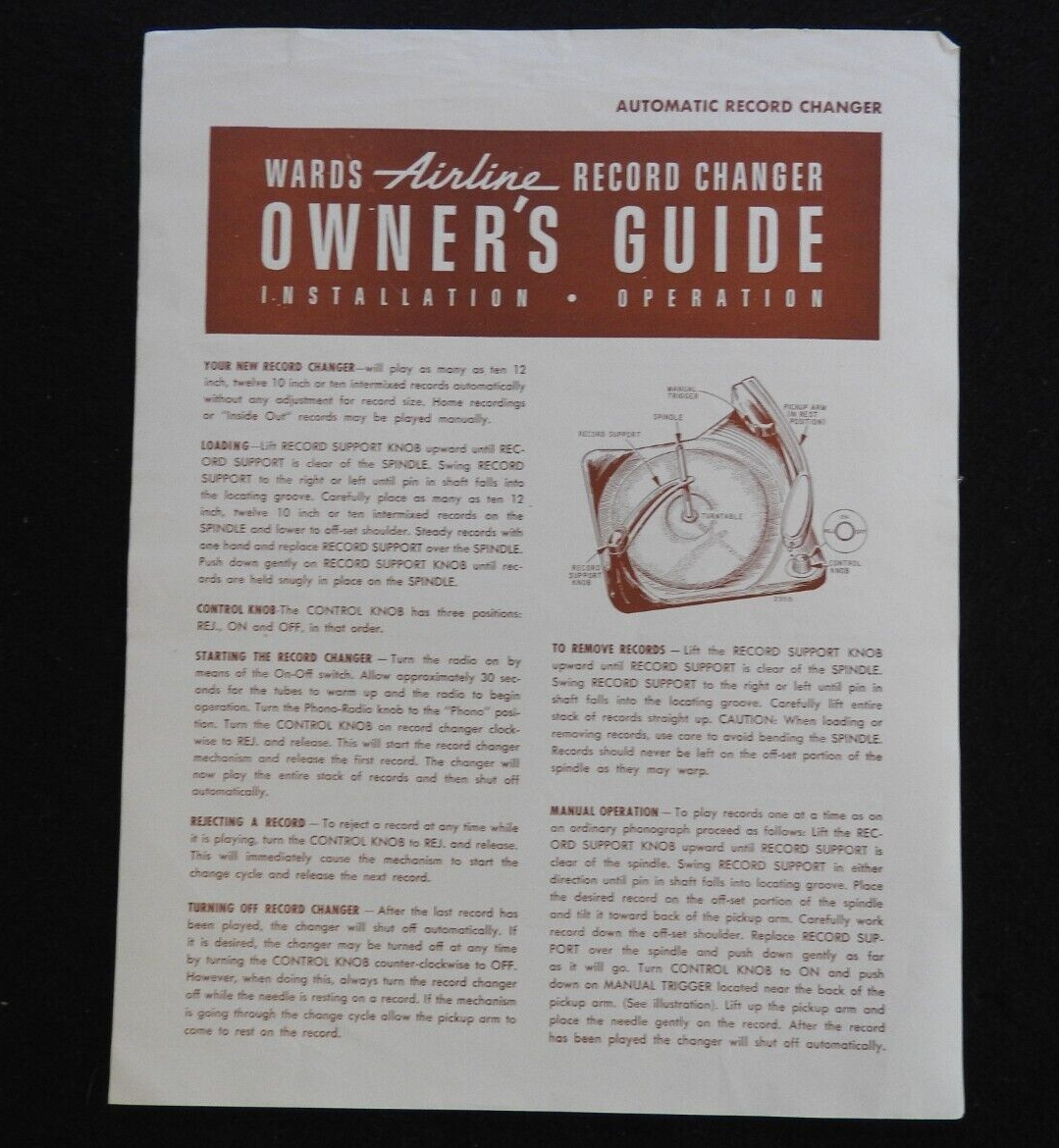 1940's Montgomery Wards Airline Console AM/SW Radio 84WG-2718B 84WG-2724A MANUAL