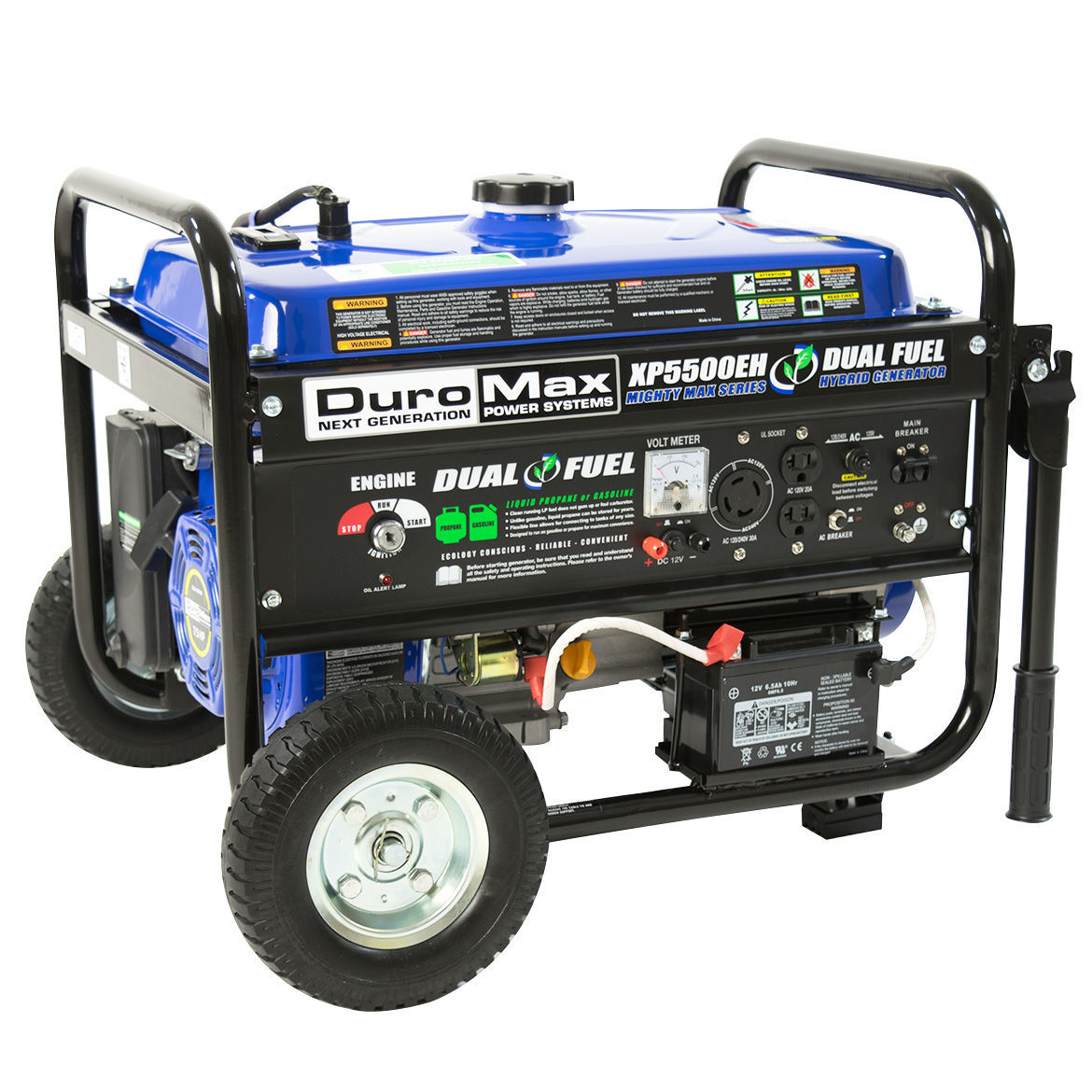 DuroMax XP5500EH BI-FUEL GAS/LP Electric Start-50Amp Wheel-Kit+Battery EPA/CALIF