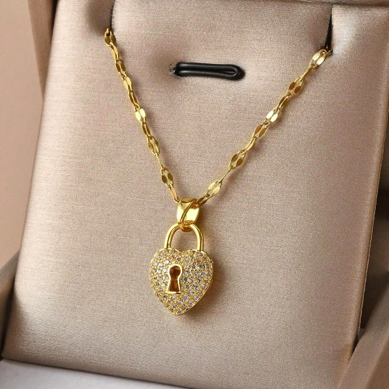 Woman Necklace Heart Lock CZ Charm Pendant 18K Gold Plated