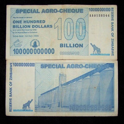 5 x Zimbabwe 100 Billion dollar agro cheque banknotes