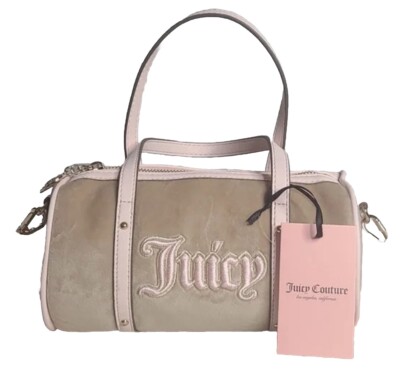 NWT Juicy Couture Cafe/Powder Blush Velour Queen of Everything Mini Barrel Bag