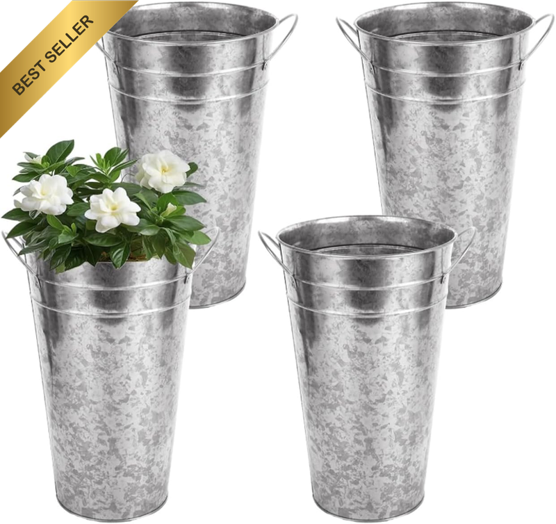 4Pcs Galvanized Flower Buckets, with Sturdy Handles, Resist Rust and Wear, Metal
