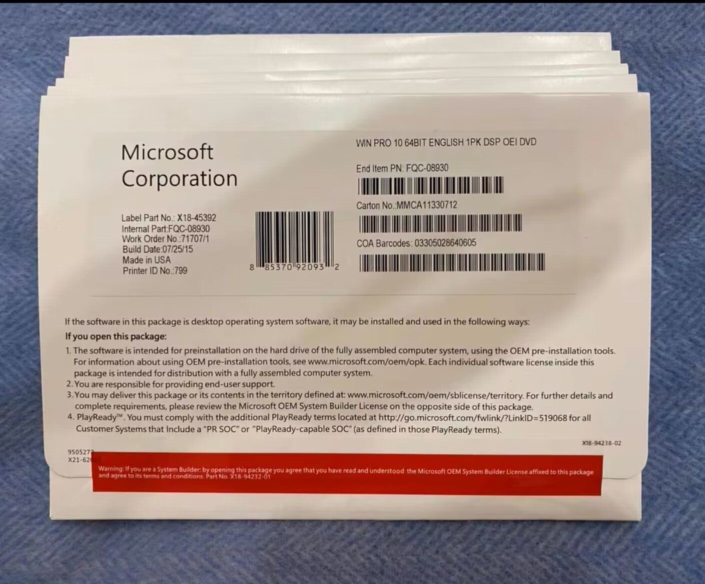 New Sealed Microsoft Windows 10 Pro 64 Bit ENGLISH Operating