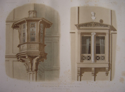 Lithographie Baie vitrée et fenêtre de la Maison Wilhelm Stier BERLIN 1860 Erker