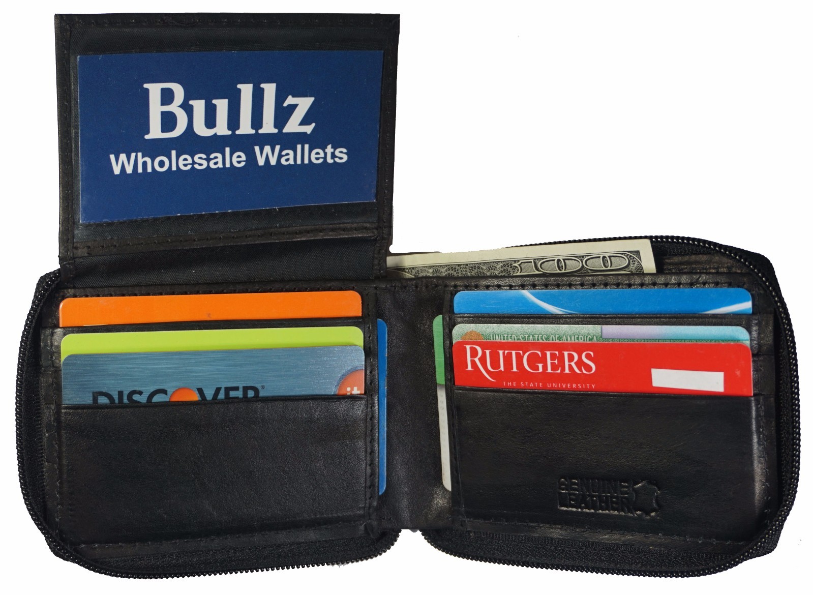 New Mens Bifold Zipper Around Leather Wallet Black Billfold With ID Window