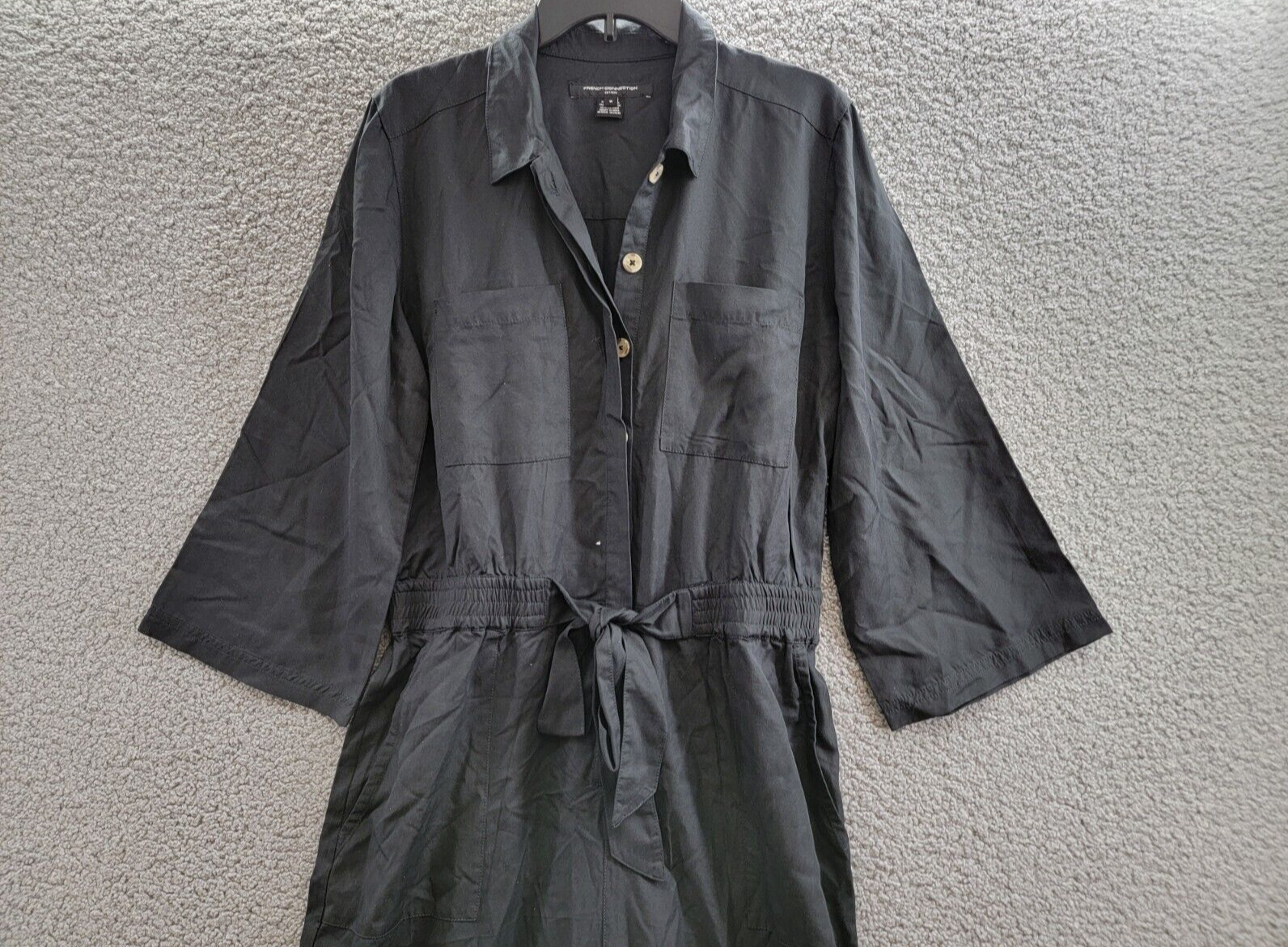 French Connection Elkie Button-Down Cargo Jumpsuit Women's M Black Tie Waist - Picture 3 of 20