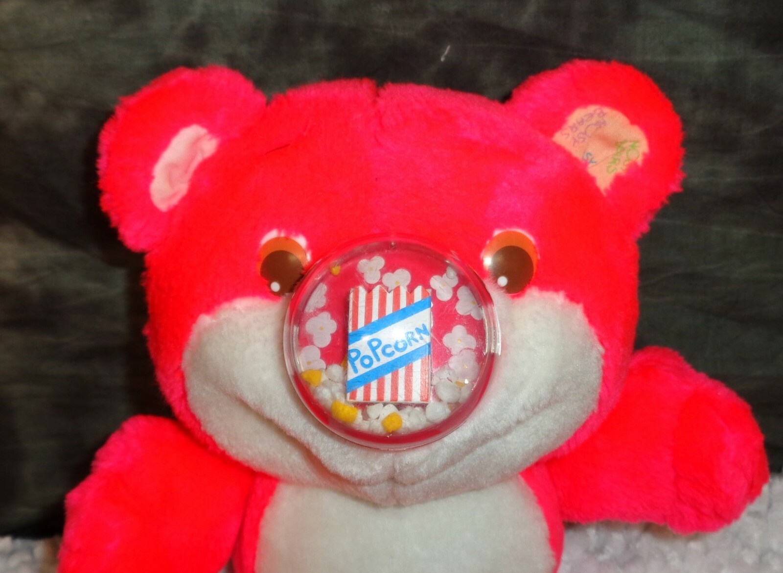 Vintage Playskool 1987 Nosy Bear POPPER Popcorn Hot Pink White Plush