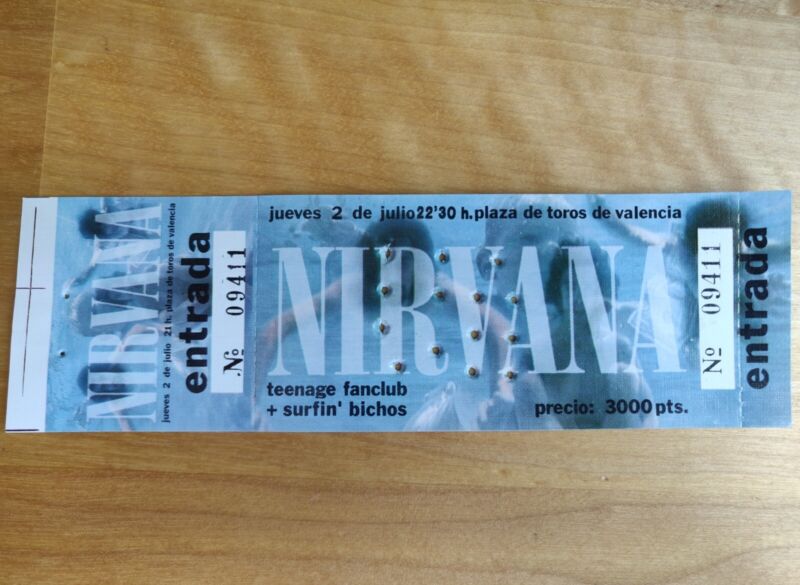 🤘 ORIGINAL NIRVANA Unused Concert Ticket NEVERMIND 1992 Spain MINT Kurt Cobain
