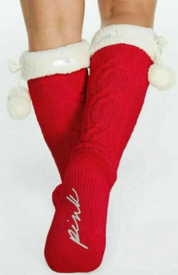 VICTORIA SECRET PINK POM POMS SLIPPER SOCKS SHERPA TALL BOOTIES