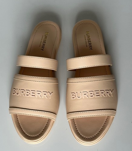 Pre-owned Burberry Open Toe Women's Peach Leather Slides Sandals 7.5 (37.5) 8047843 It In Orange