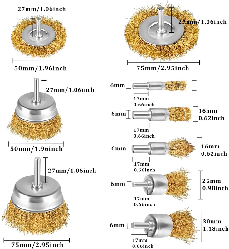 Wire Wheel Brush Drill Attachment 9 Pcs with 1/4in Shank for Cleaning Rust, Stri