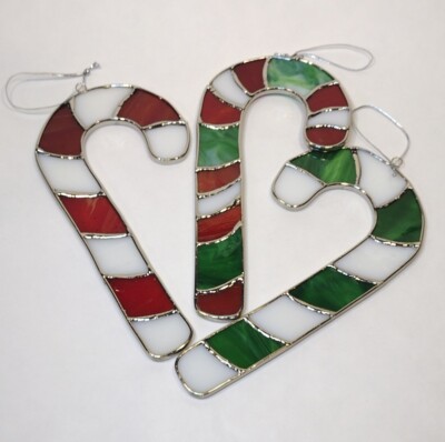 Stained Glass Candy Cane Ornament Set of 3 Asst Colors 7''