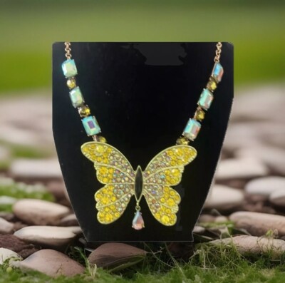 Authentic Betsey Johnson All A Flutter Crystal Big Butterfly Yellow Necklace Nwt