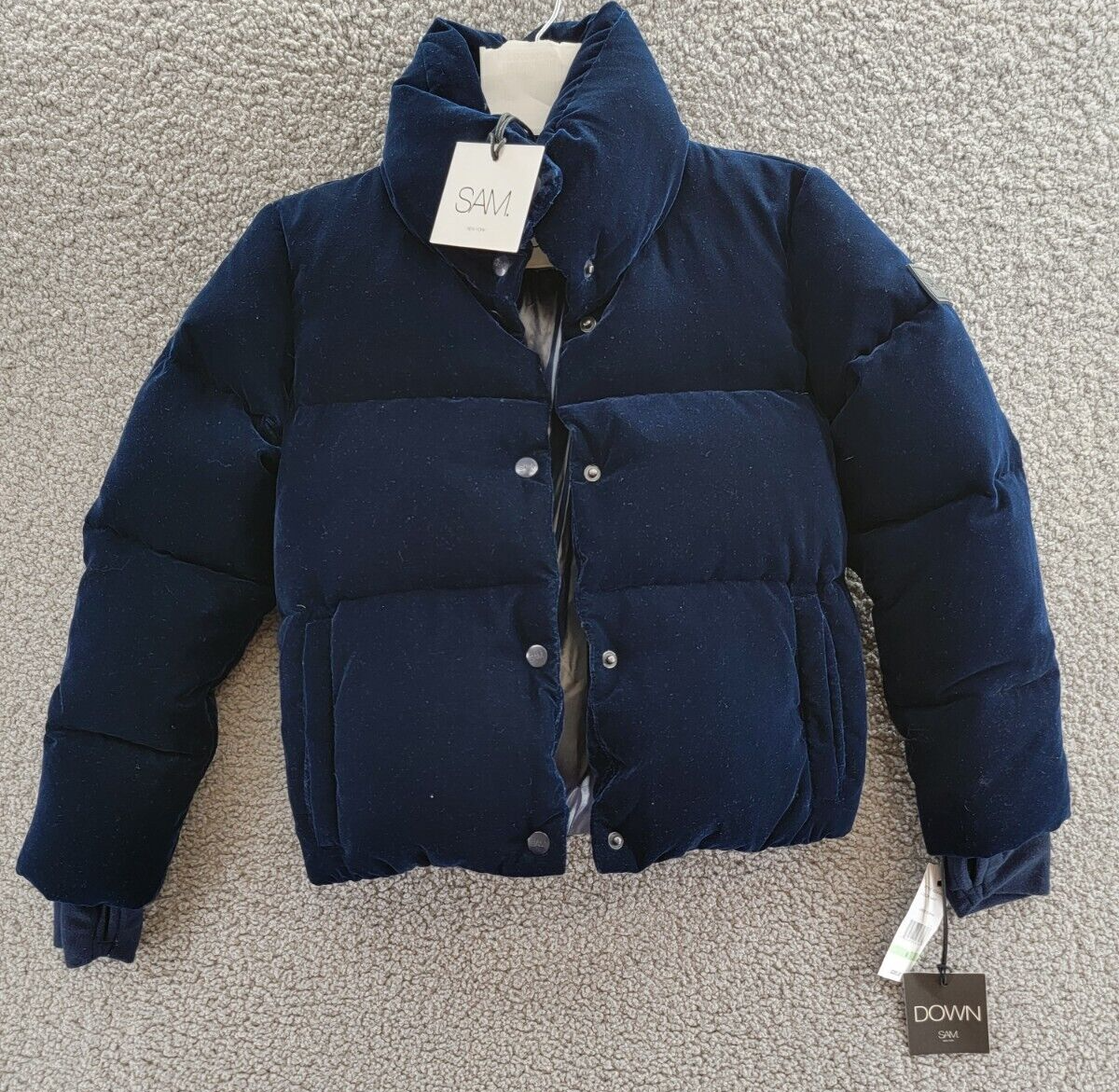 SAM. Sophia Velvet Puffer Jacket Girls 8 Navy Stand Collar Front Snap Closure - Picture 2 of 17