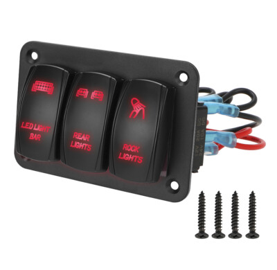 3 Gang Rocker Switch Panel 5 Pins Wiring Harness Pre-wired12/24V Red LED Panel