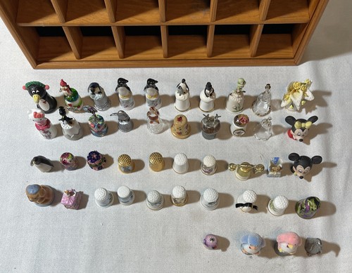 Vintage Mixed Lot of 43 Sewing Thimbles With Wood Case