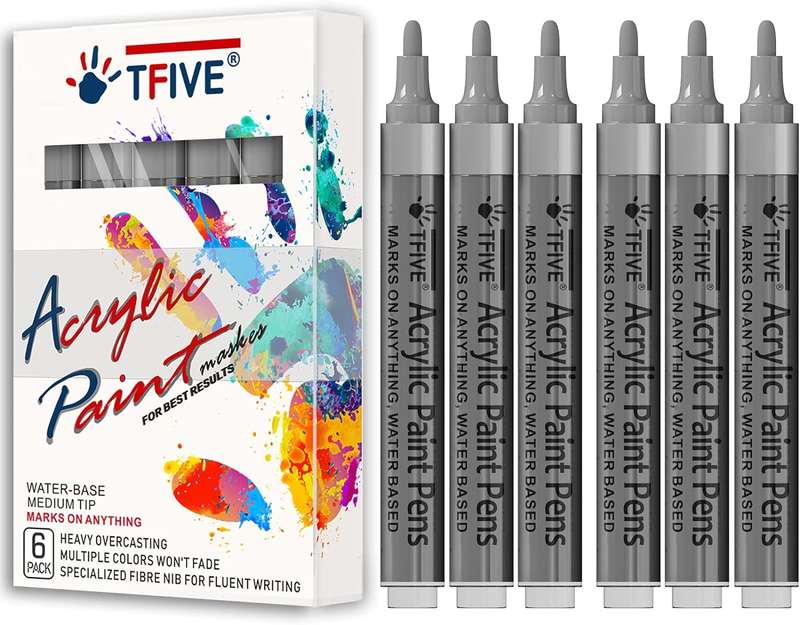 Silver Acrylic Paint Marker Pens - 2-3Mm Medium Tip, 6 Pack 