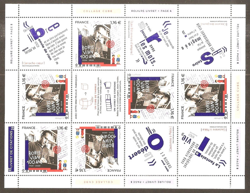 France 2020 Bloc F 5406 Boris Vian Ã  1.16 Avec TÃªTe-BÃªChe Neuf ** Luxe Mnh