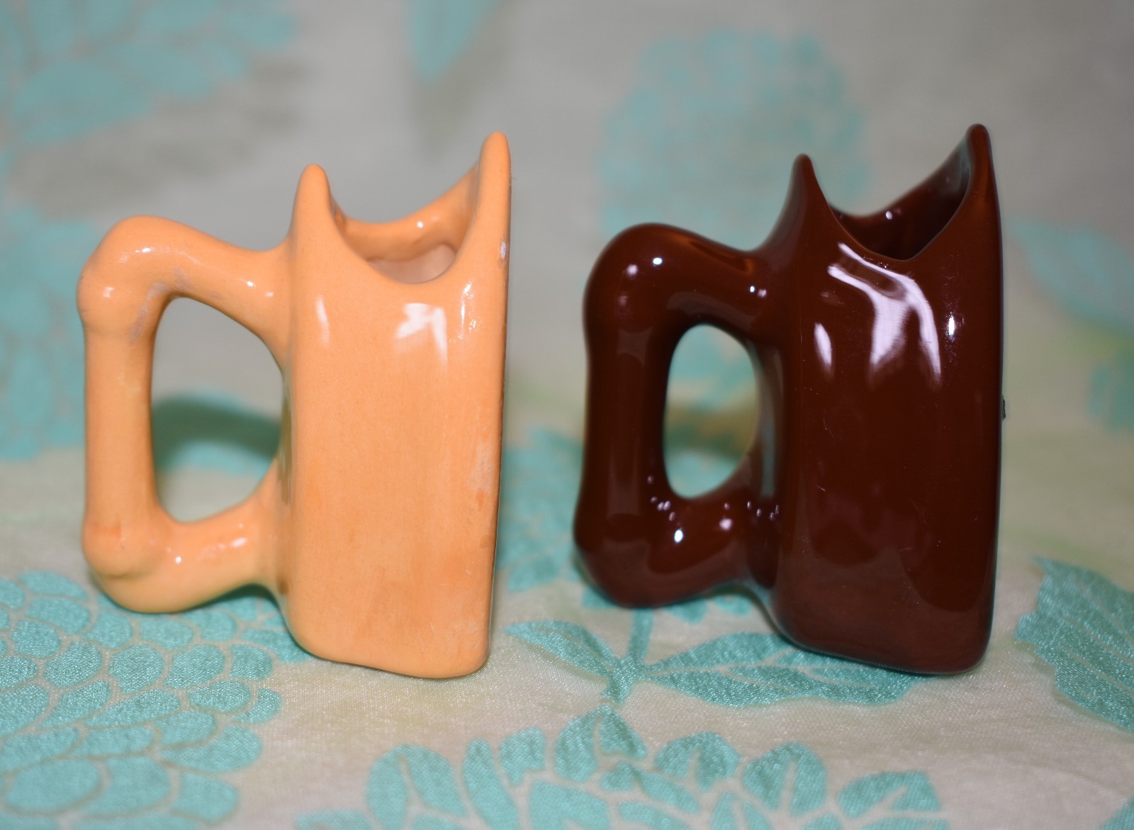 IRON shaped Toothpick Holders set of 2 Yellow and Brown over 2 inches tall