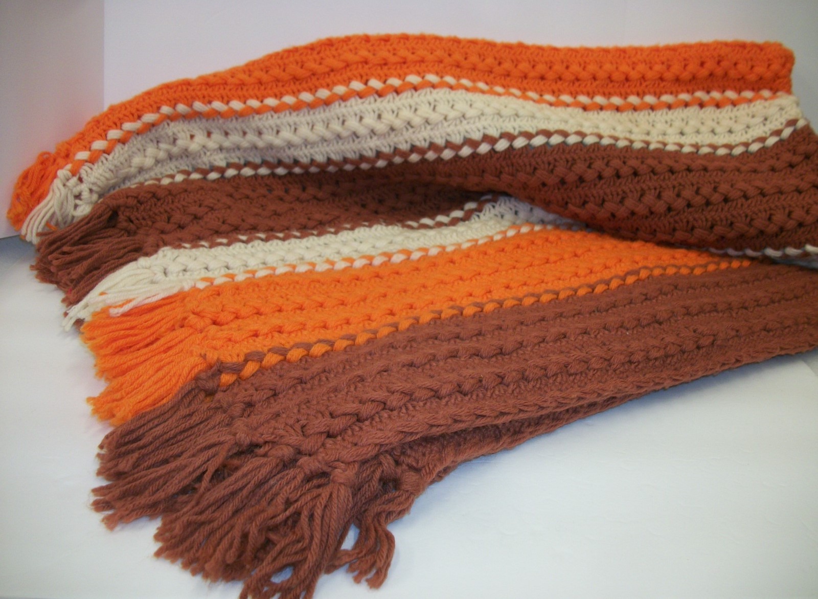 Hand Crocheted Fringed Afghan Blanket Lap Throw - Autumn Fall Colors